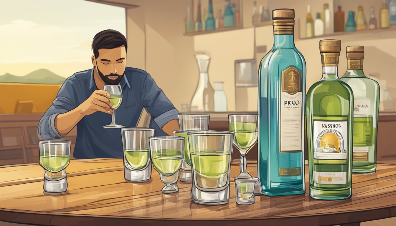 A table with multiple empty glasses of pisco, a half-filled bottle, and a person slumped over in the background