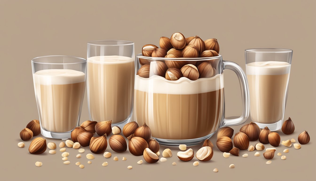 A table with multiple glasses of hazelnut milk stacked on top of each other, overflowing with hazelnuts scattered around