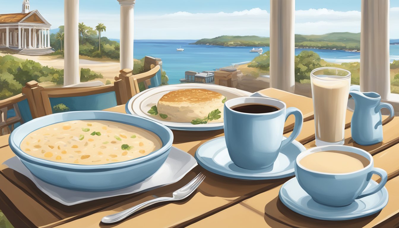 A table set with clam chowder, johnnycakes, and coffee milk, surrounded by coastal scenery and colonial architecture