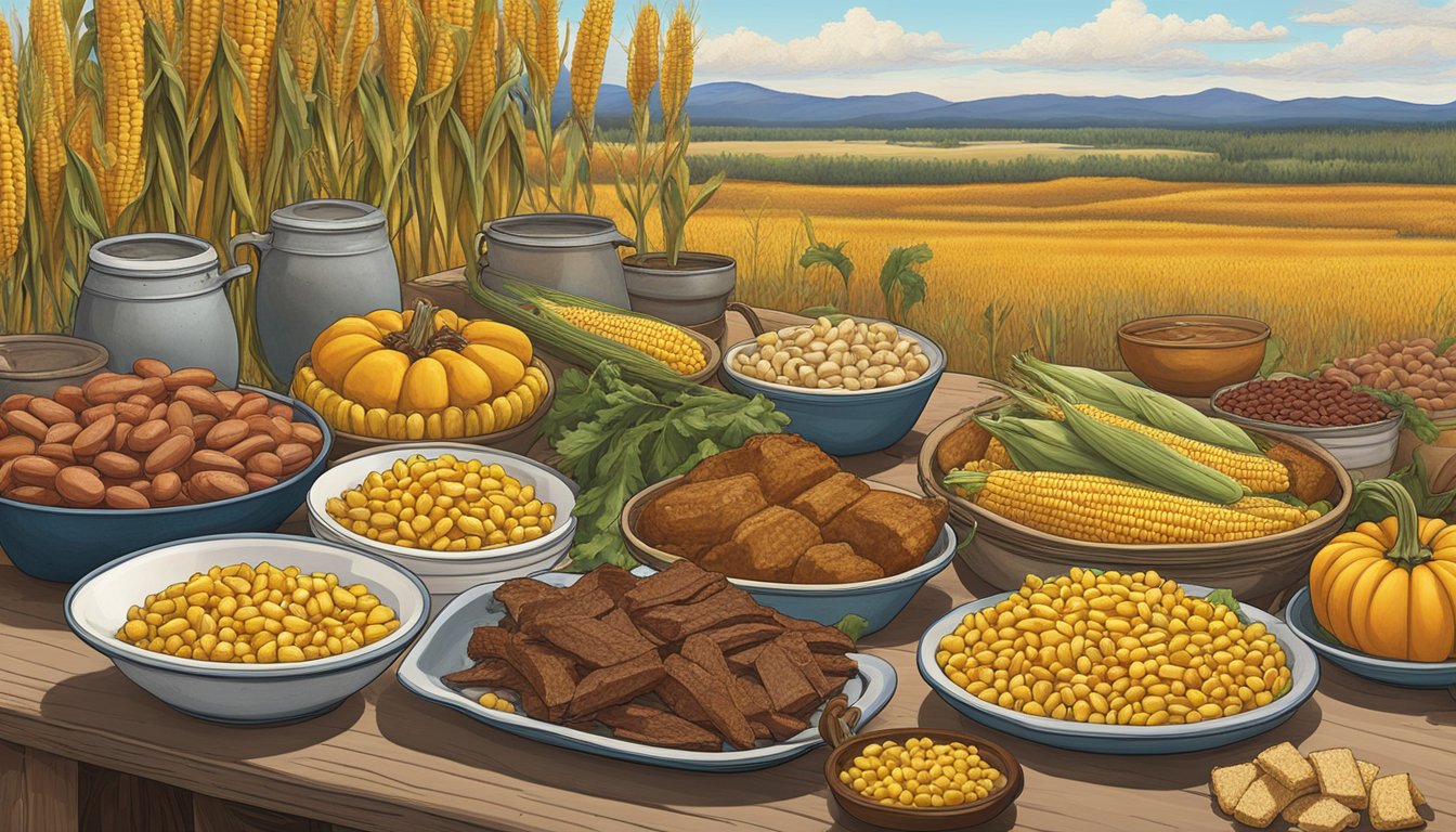 A bountiful harvest of corn, beans, and squash fills the table, alongside dishes of buffalo meat and wild game, reflecting the Native American influence on modern South Dakota cuisine