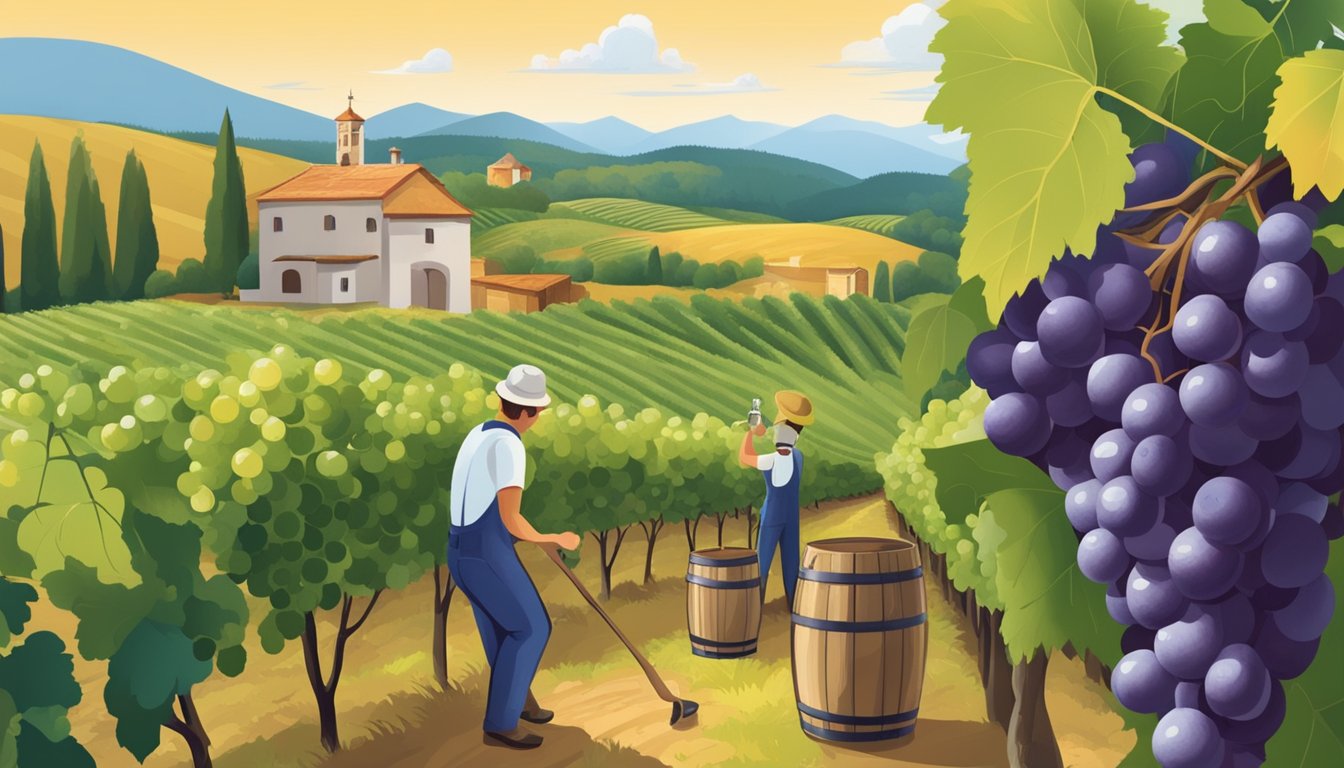 A vineyard with ripe grapes being harvested, a distillery with barrels of grappa, and a person pouring a small glass