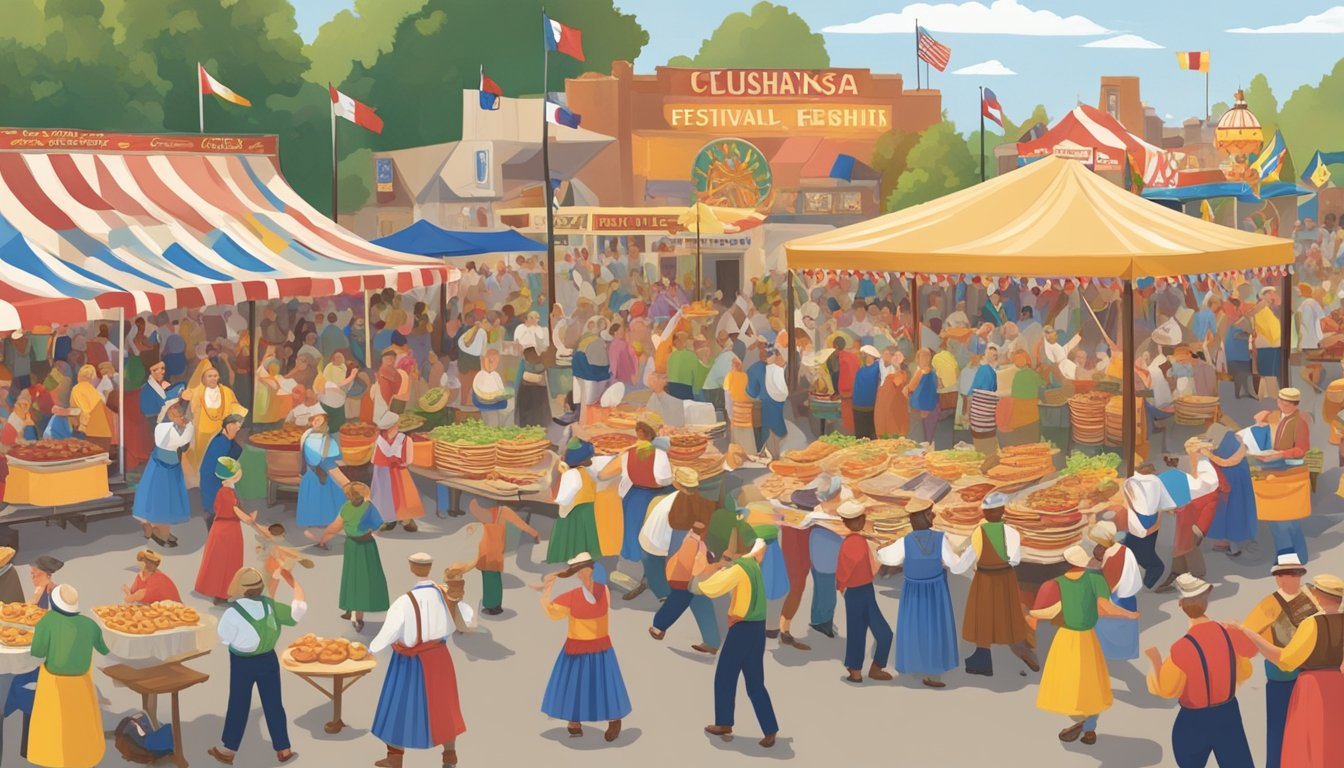 A bustling Czech festival in South Dakota, featuring traditional dishes like kolaches and kielbasa, with colorful folk dancers and lively music