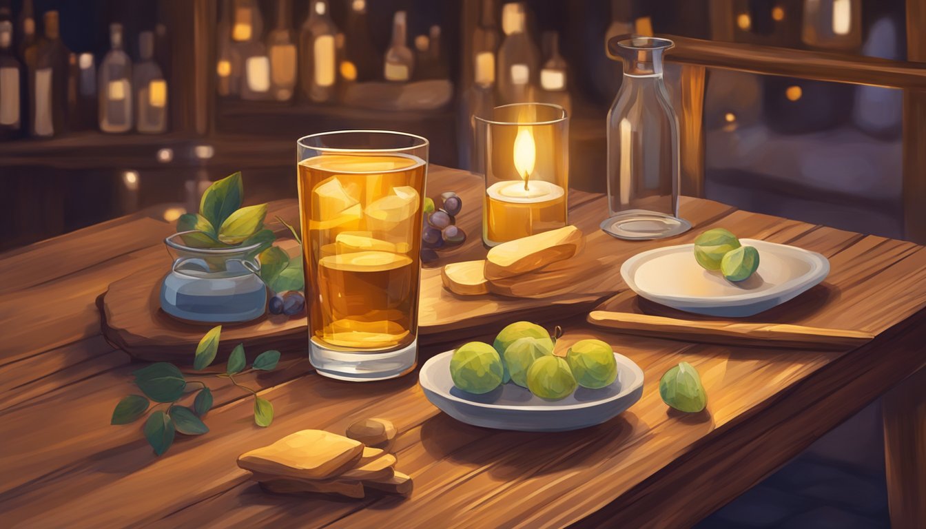 A cozy evening scene with a small glass of grappa on a wooden table, surrounded by a warm, inviting atmosphere