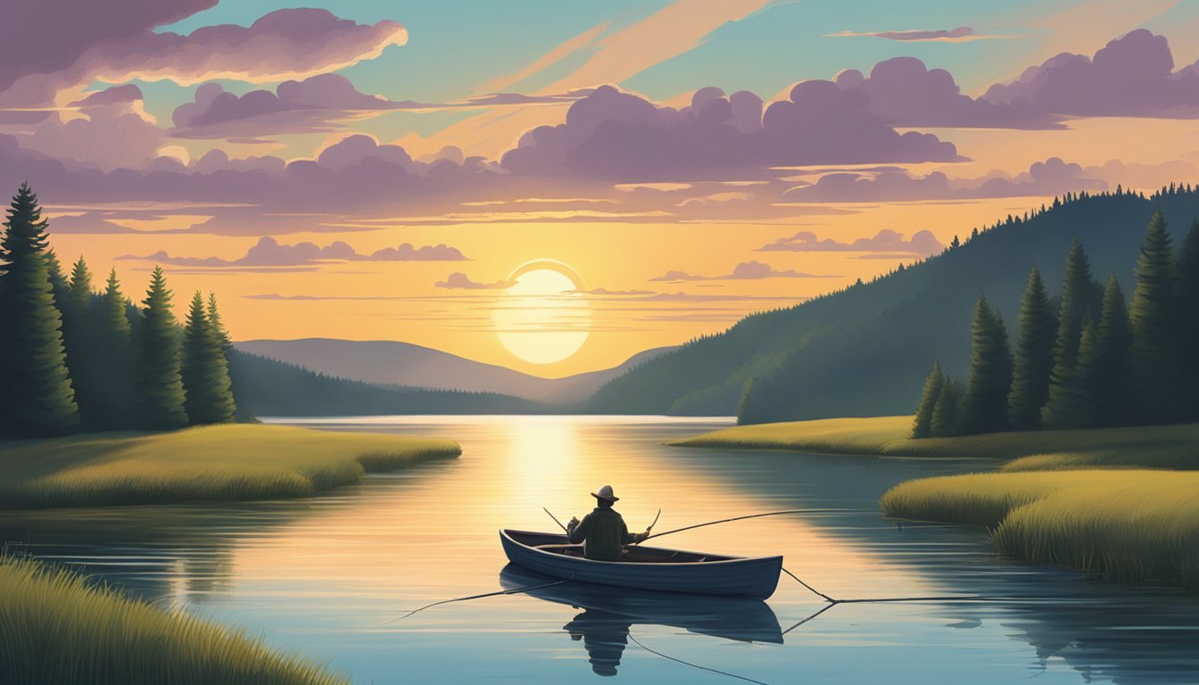 A tranquil lake surrounded by lush forests, with a fisherman casting a line from a small boat. The sun sets behind the rolling hills of South Dakota