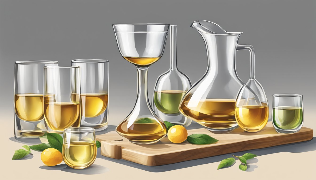 A table with various glass sizes filled with grappa, ranging from small to large, with a measuring cup nearby