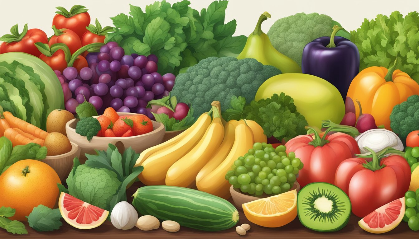 A colorful assortment of fruits and vegetables, rich in quercetin, arranged on a table with a variety of vitamins and minerals displayed alongside them