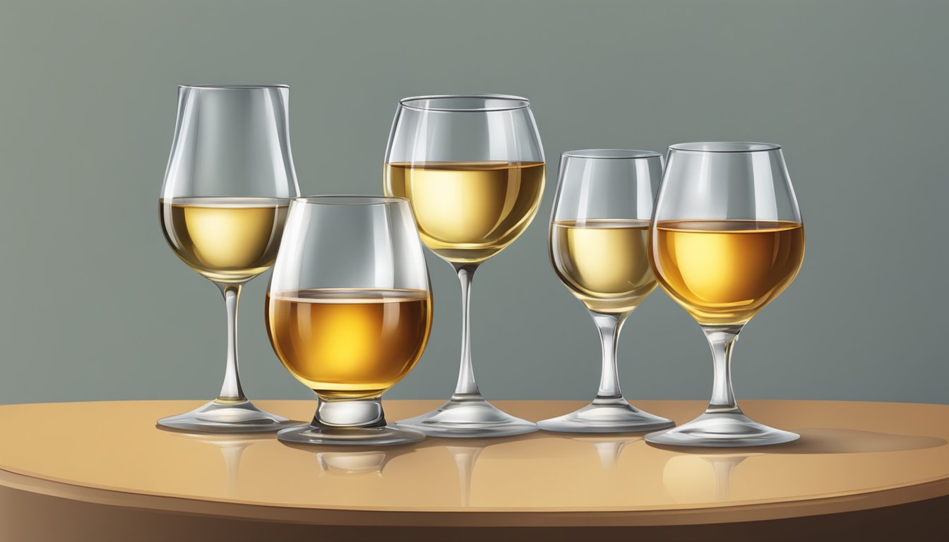 A table with three glasses of grappa, one untouched, one half full, and one empty