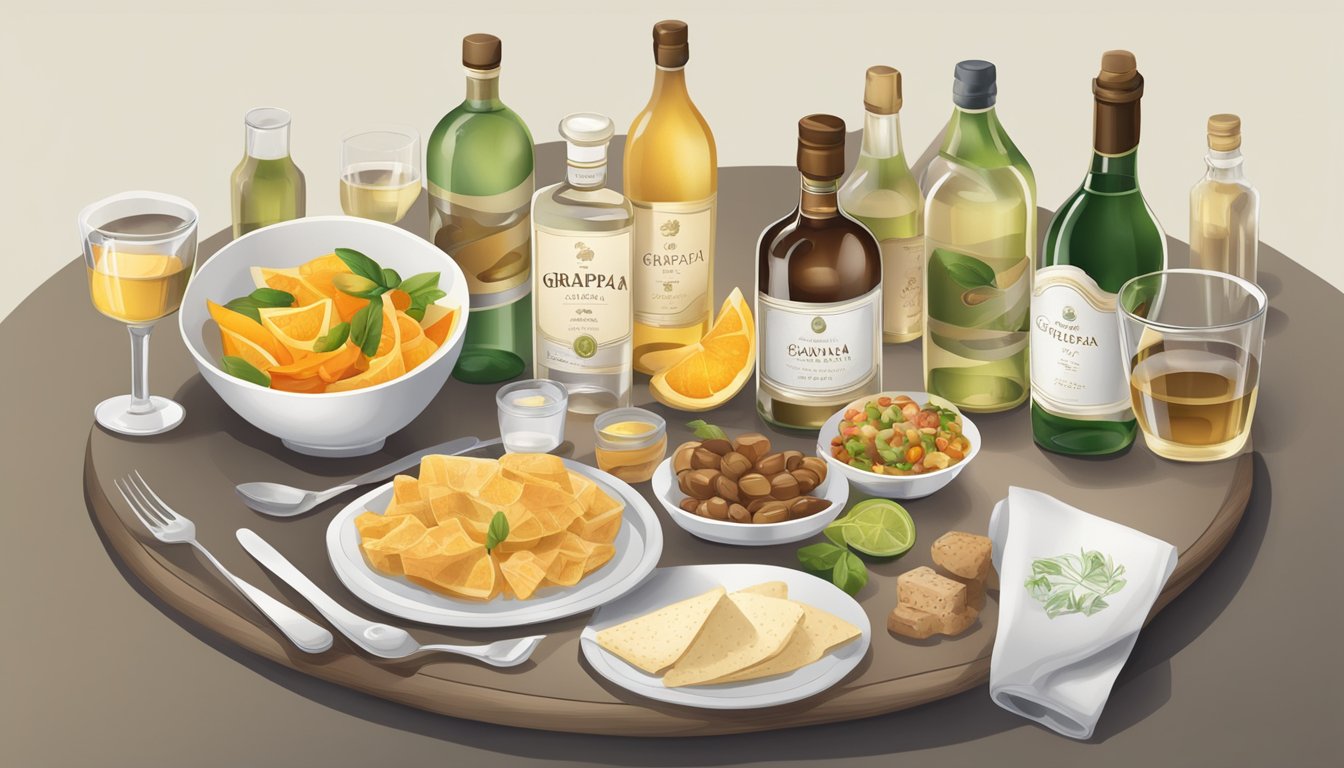 A table with various food and drink items, including a bottle of grappa and serving sizes labeled in portions