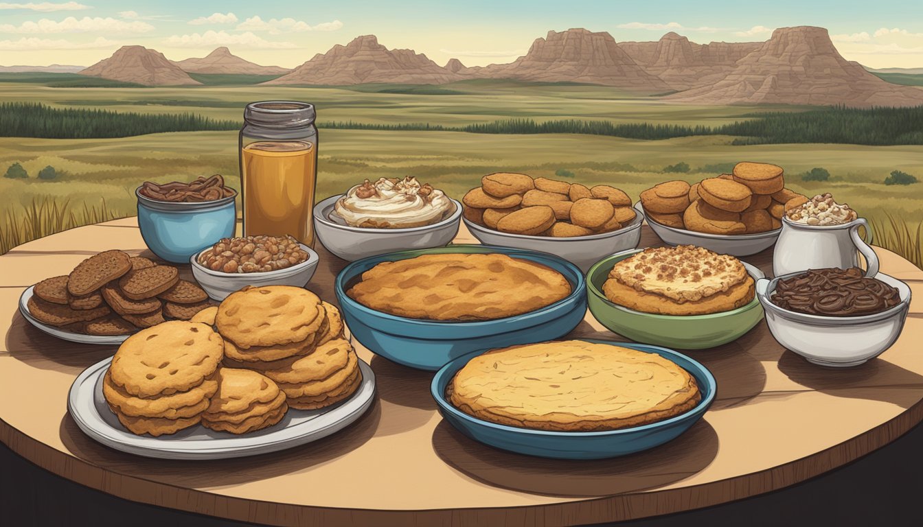 A table spread with iconic South Dakota desserts, including kuchen, chislic, and Indian fry bread, surrounded by rolling prairies and the Black Hills