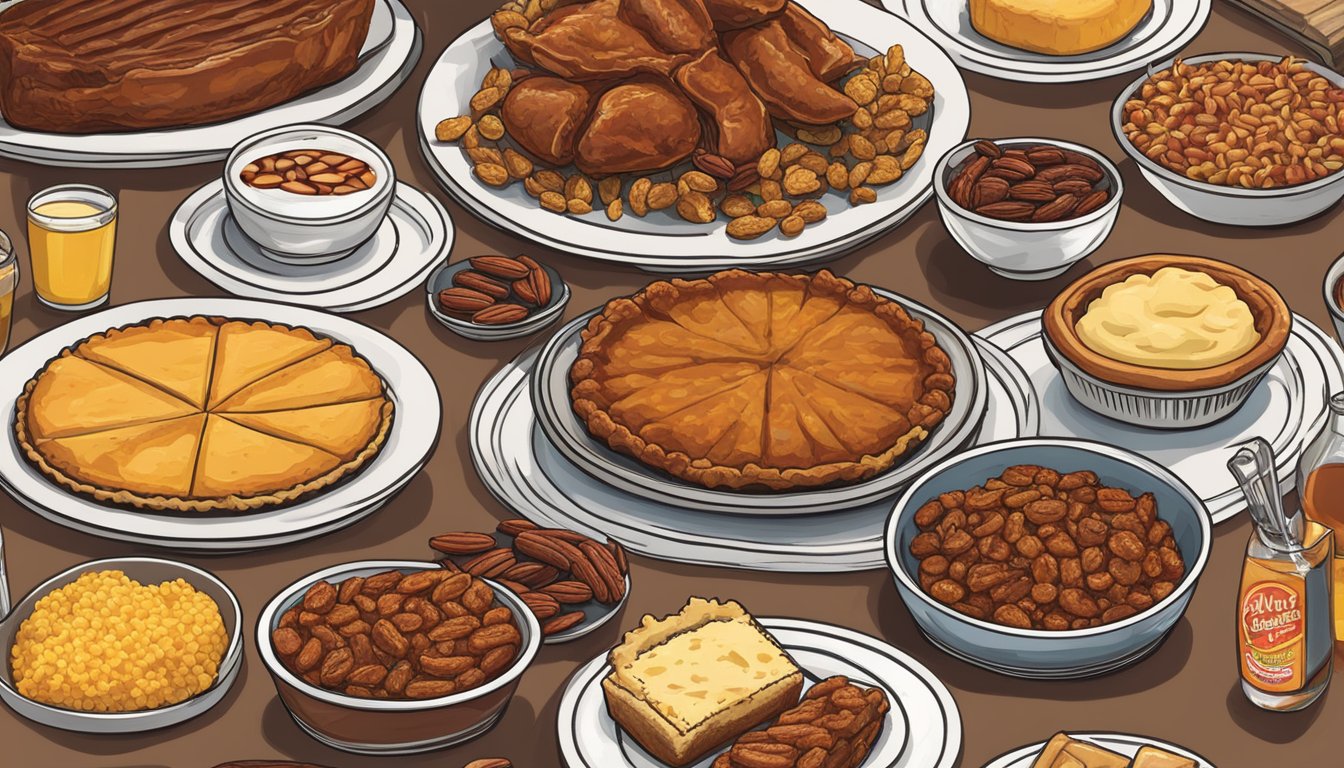 A table filled with iconic Tennessee dishes: hot chicken, barbecue ribs, cornbread, and pecan pie