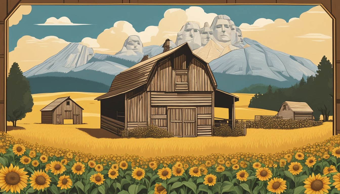 A rustic barn with a backdrop of the iconic Mount Rushmore, surrounded by fields of corn and sunflowers, with a table set with South Dakota's famous chislic and frybread