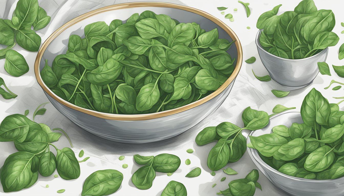 A bowl overflowing with fresh spinach leaves, surrounded by scattered measuring cups