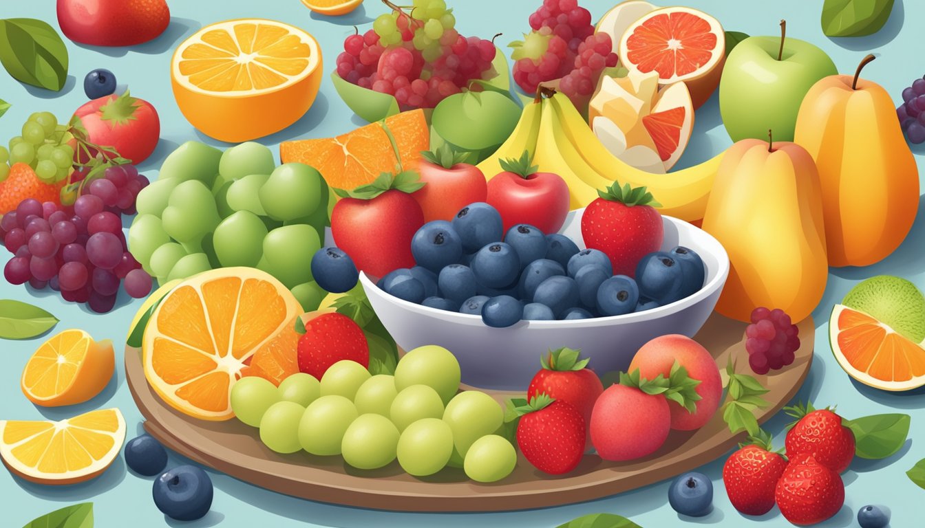 A colorful array of fruits arranged on a plate, surrounded by various food groups to represent a balanced diet