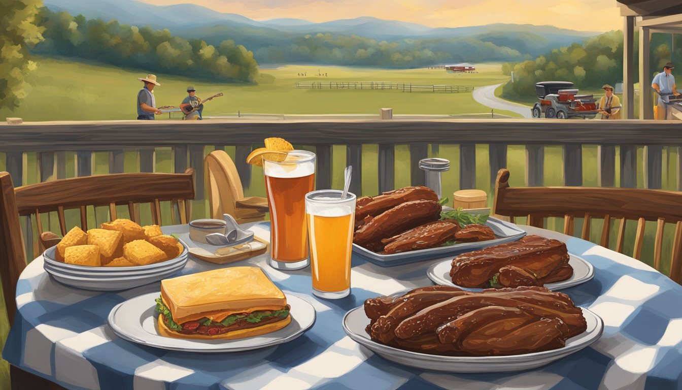 A table set with iconic Tennessee dishes: BBQ ribs, hot chicken, cornbread, and sweet tea, surrounded by a backdrop of rolling hills and a bluegrass band playing in the background