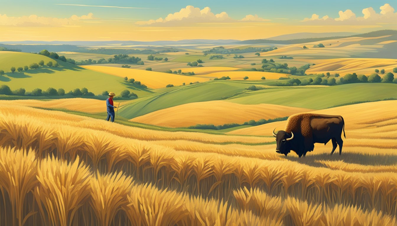 Rolling wheat fields and golden cornstalks stretch across the landscape, with grazing cattle and bison dotting the horizon. A farmer works the land under the bright South Dakota sun