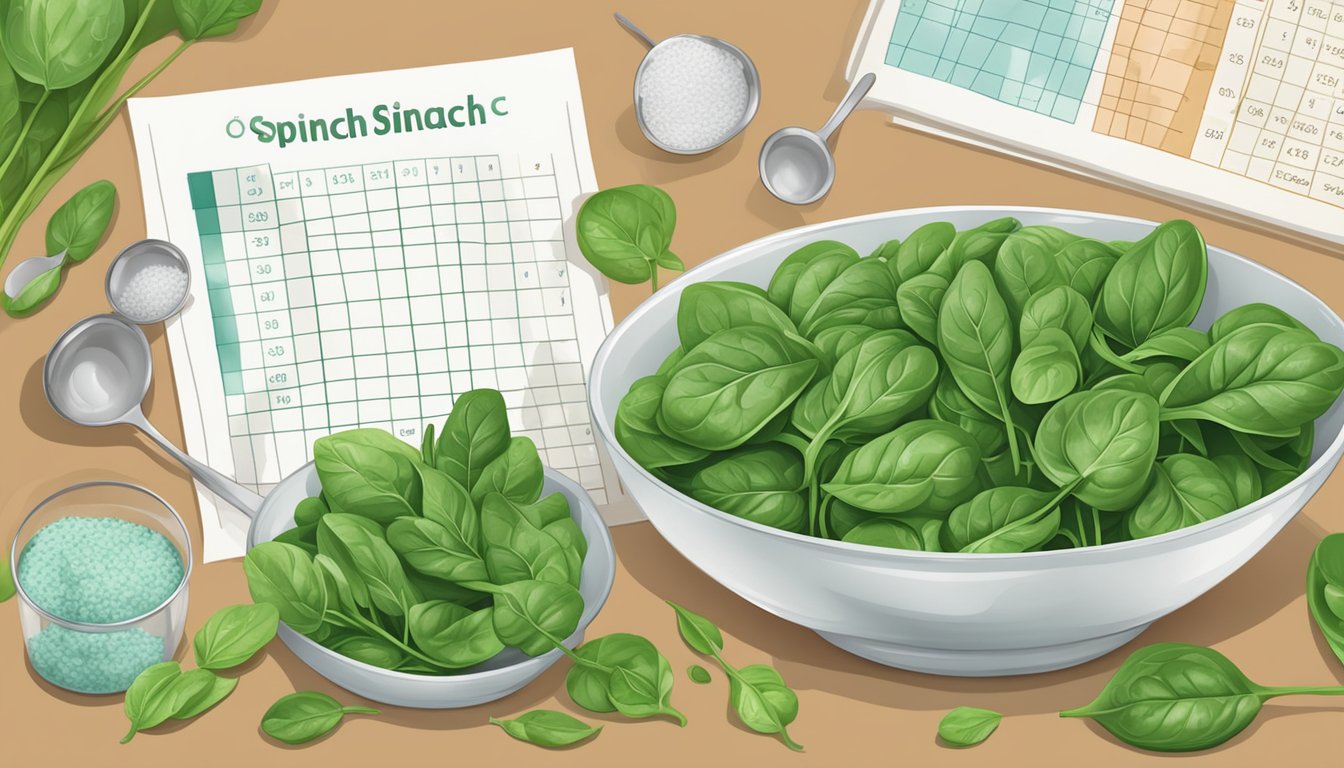 A bowl of fresh spinach leaves surrounded by measuring cups and a nutrition chart