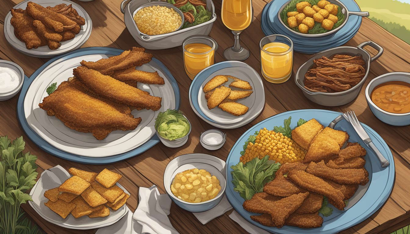 A rustic farm table adorned with dishes of fried catfish, BBQ ribs, and toasted ravioli, surrounded by fields of corn and rolling hills