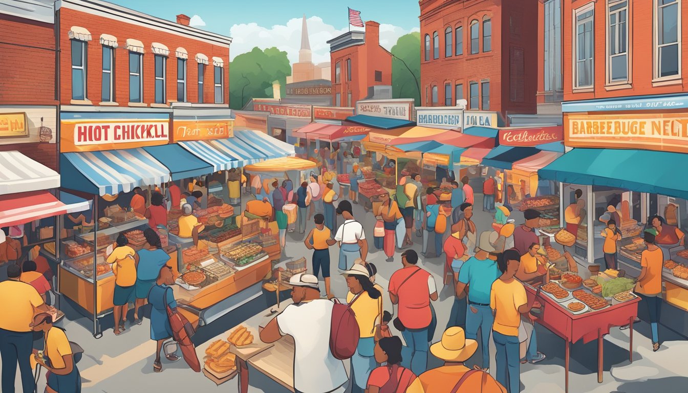 A bustling food festival in Tennessee featuring iconic dishes like hot chicken, barbecue, and Nashville-style hot dogs. Colorful food stalls line the streets, with the aroma of smoked meats and spicy sauces filling the air