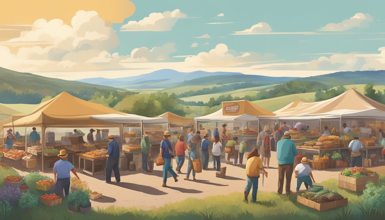 A bustling farmers' market with vendors selling bison burgers, chislic, and fry bread, surrounded by rolling hills and prairie