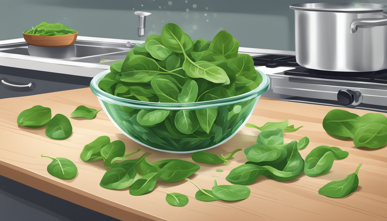 A pile of fresh spinach leaves overflowing from a measuring cup on a kitchen counter