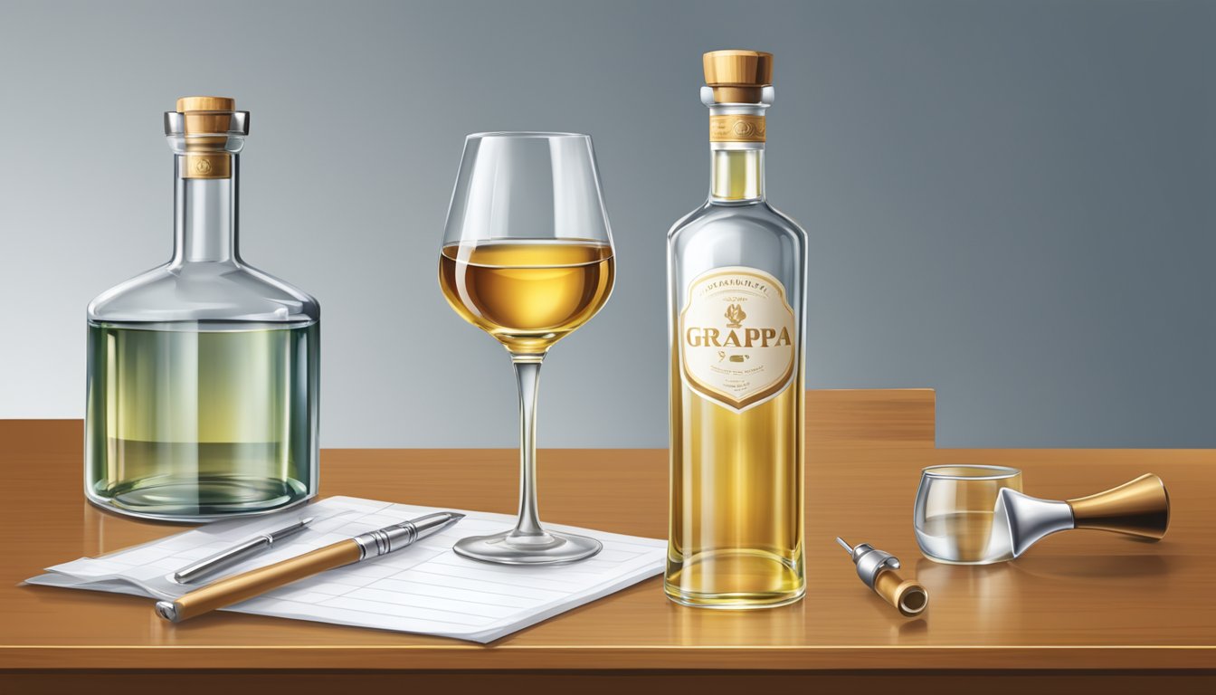 A table with a bottle of grappa, a small glass, and a measuring tool