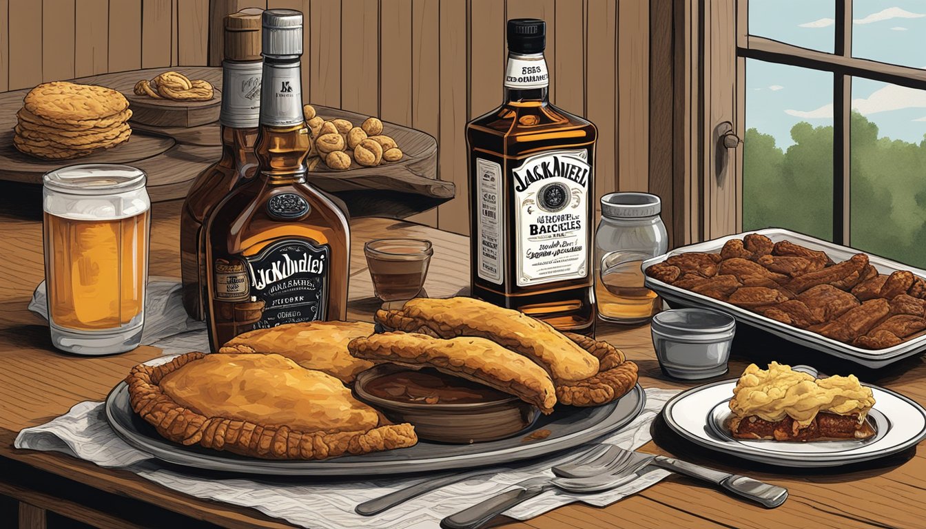 A table set with classic Tennessee dishes: hot chicken, barbecue ribs, biscuits, and pecan pie. A bottle of Jack Daniel's sits nearby