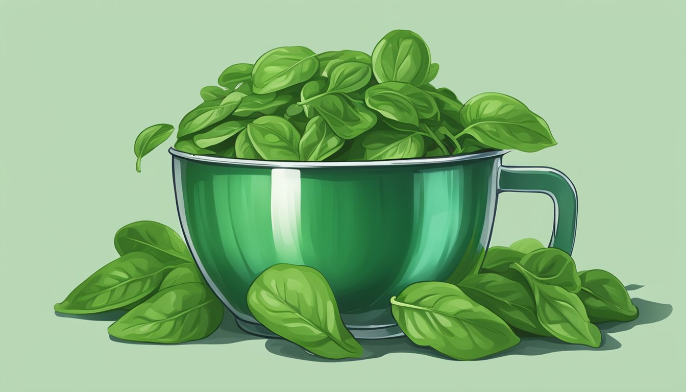 A pile of fresh spinach leaves overflowing from a measuring cup