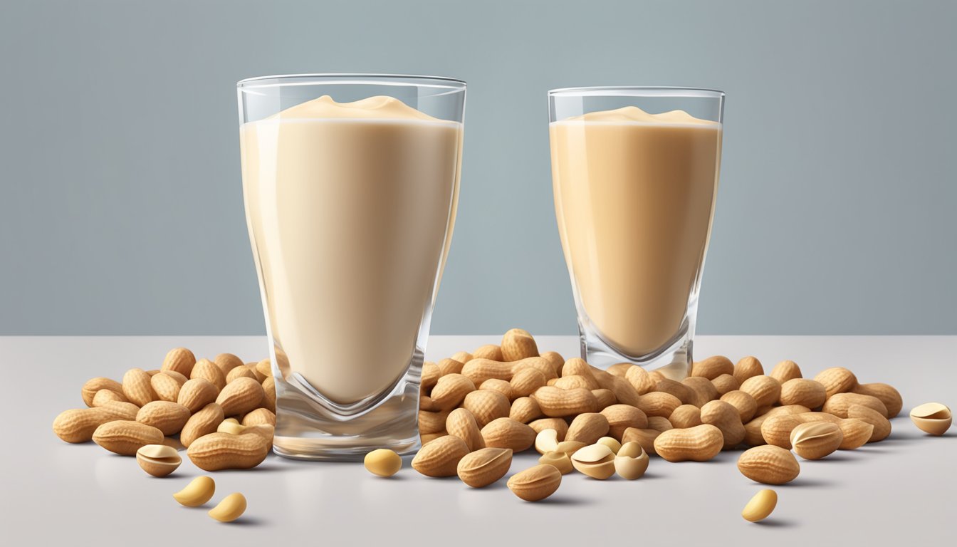 A glass of peanut milk overflowing with peanuts, surrounded by empty glasses