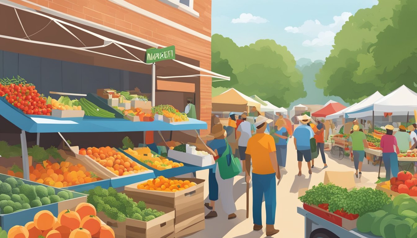 A bustling farmers' market in Missouri, with colorful displays of fresh produce, including juicy peaches, plump tomatoes, and fragrant herbs