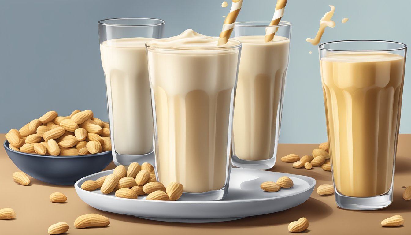 A table with multiple glasses of peanut milk, some overflowing