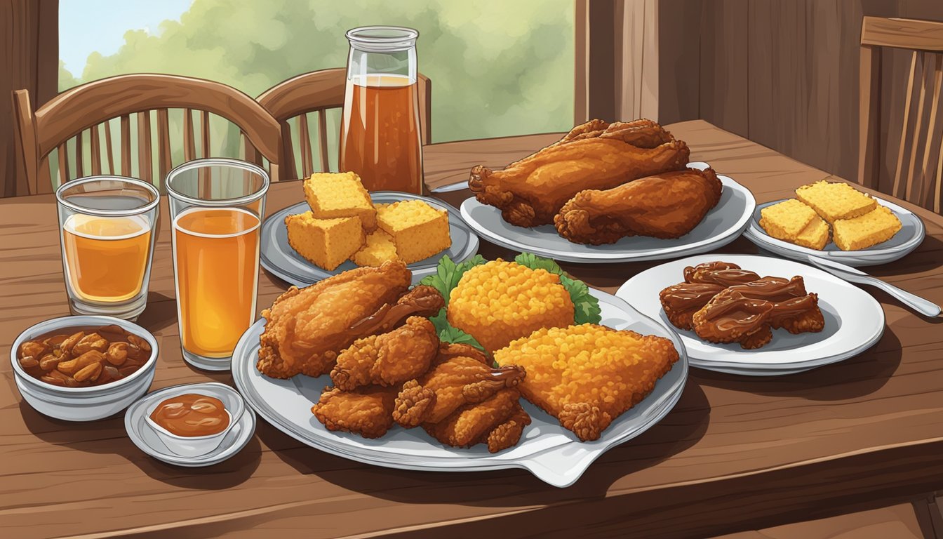 A table set with fried chicken, barbecue ribs, cornbread, and sweet tea