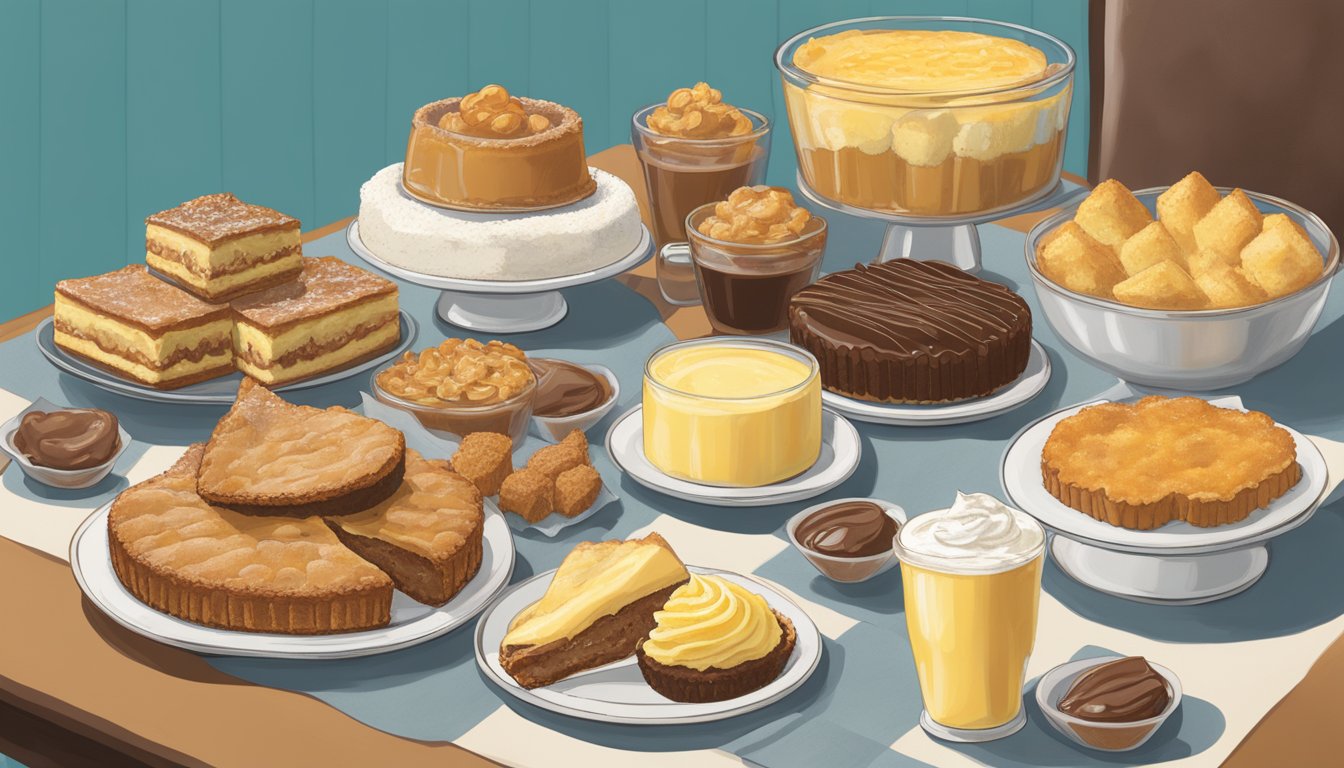 A table filled with iconic Missouri desserts and treats, including gooey butter cake, frozen custard, and St. Louis-style toasted ravioli