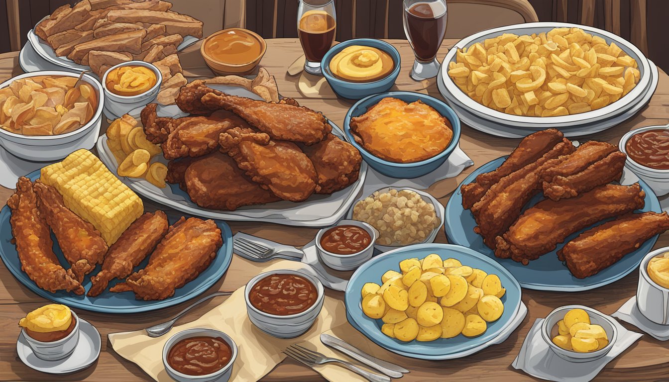 A table filled with iconic Tennessee dishes: hot chicken, BBQ ribs, and banana pudding