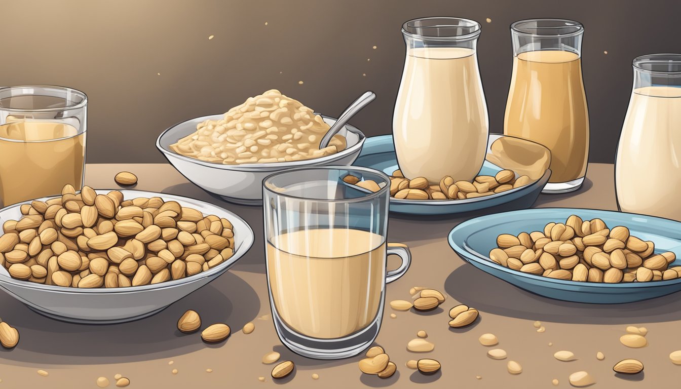 A table with multiple glasses of peanut milk, some spilled and overflowing, with a warning label in the background