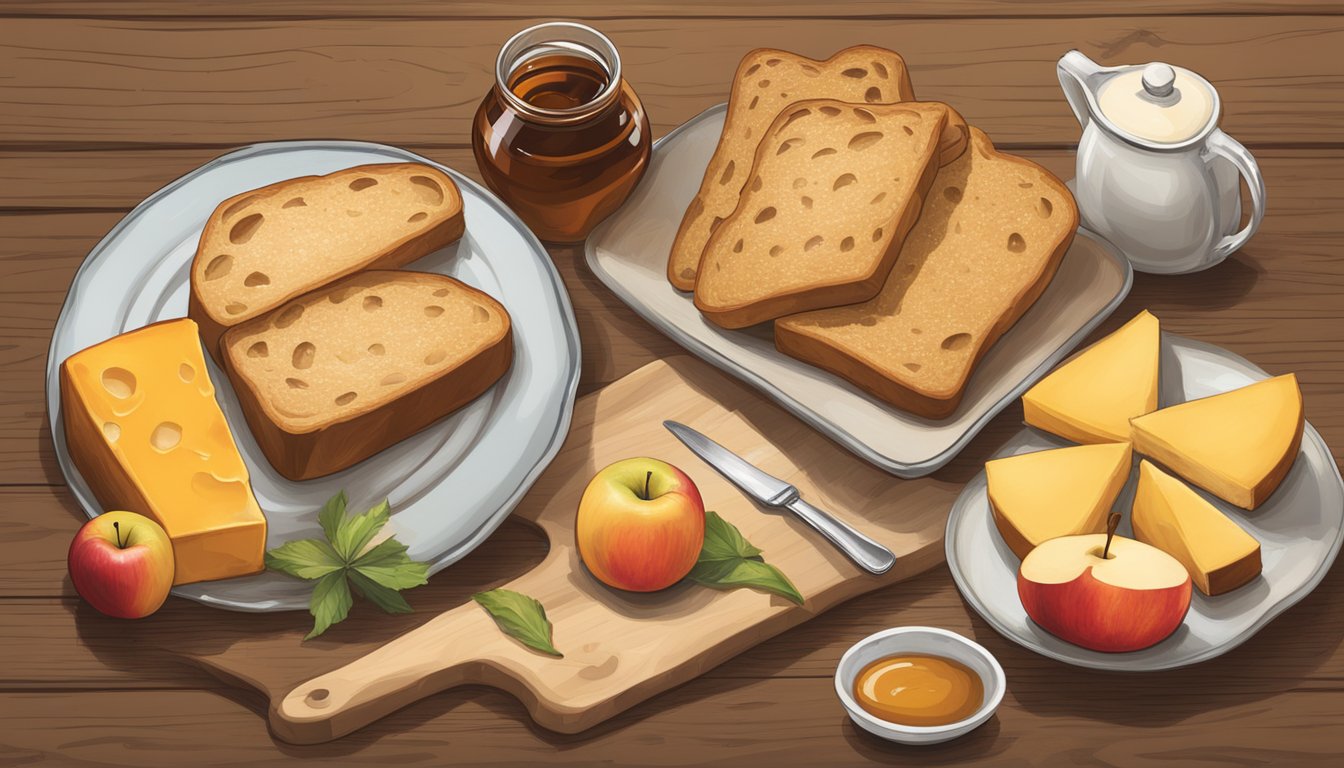 A rustic wooden table adorned with a spread of Vermont's signature ingredients: maple syrup, cheddar cheese, apples, and artisanal bread