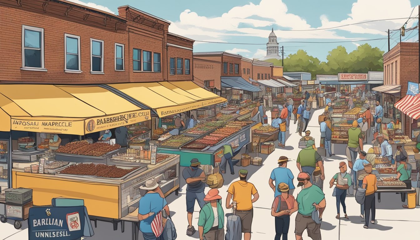 A bustling Missouri marketplace with vendors selling famous local barbecue and unique souvenirs