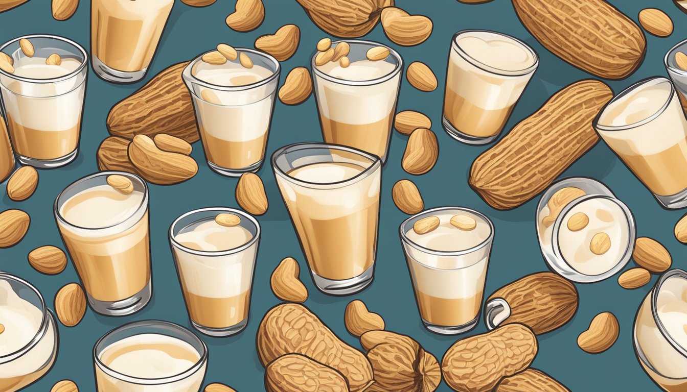 A glass of peanut milk overflowing with peanuts, surrounded by empty glasses to convey excess consumption