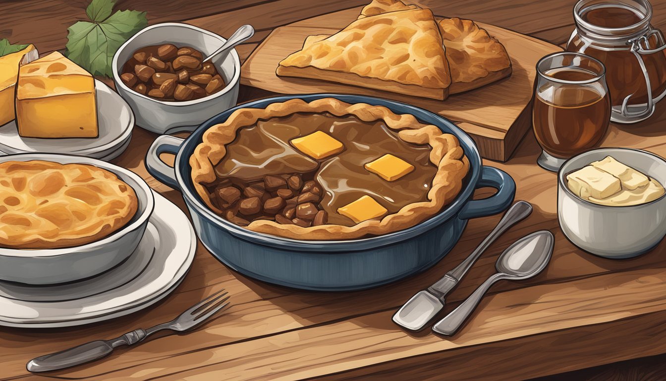 A rustic table set with iconic Vermont dishes: maple syrup, apple pie, cheddar cheese, and a hearty bowl of beef stew