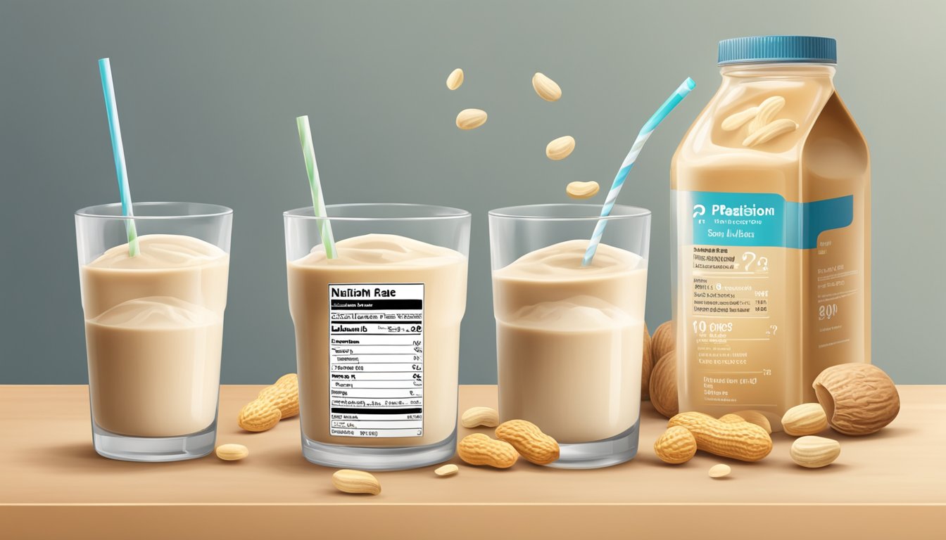 A table with various glass sizes filled with peanut milk, some overflowing. A nutrition label and a question mark hover above the glasses