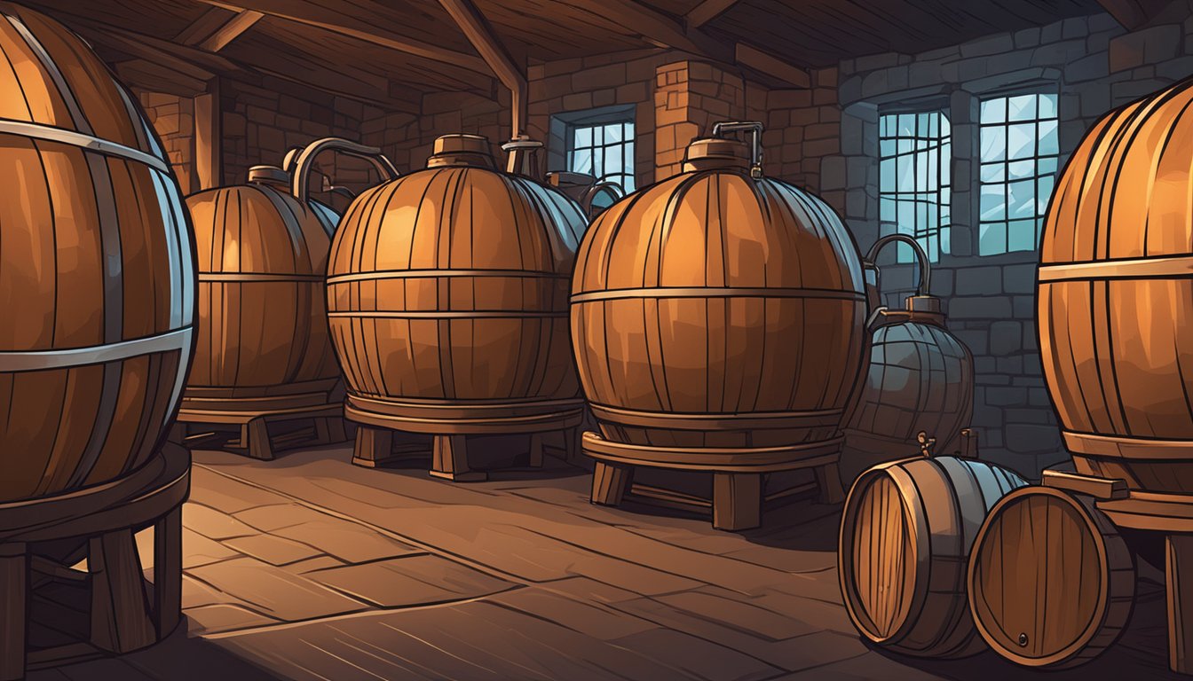 A copper still distilling brandy, barrels aging in a dimly lit cellar