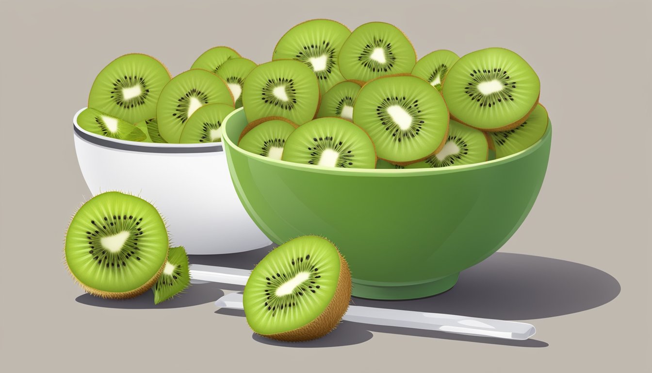 A bowl of kiwi slices with a measuring cup showing the daily recommended intake of vitamin C