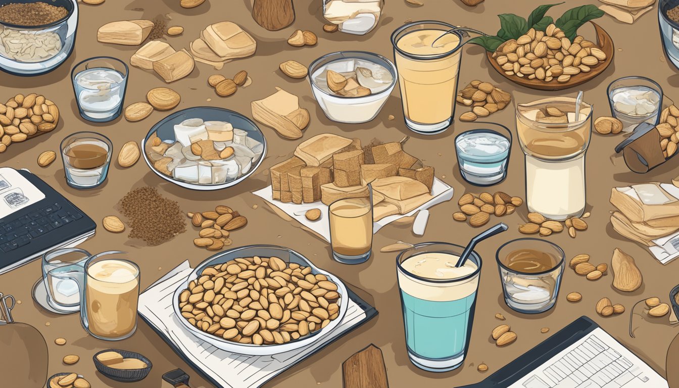 A table with multiple glasses of peanut milk, surrounded by images of deforestation, animal welfare, and health warnings