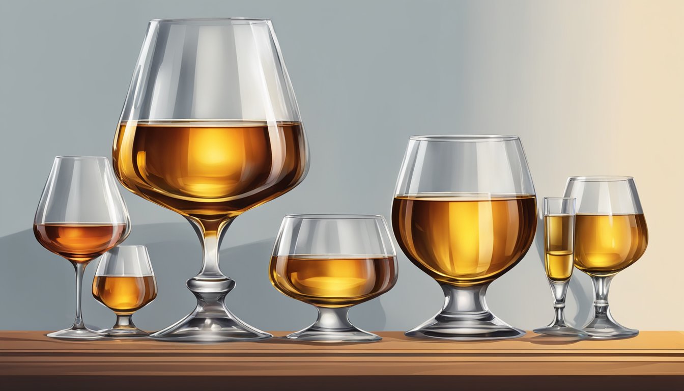 A table with various glass sizes filled with different levels of brandy, from a small shot glass to a large snifter