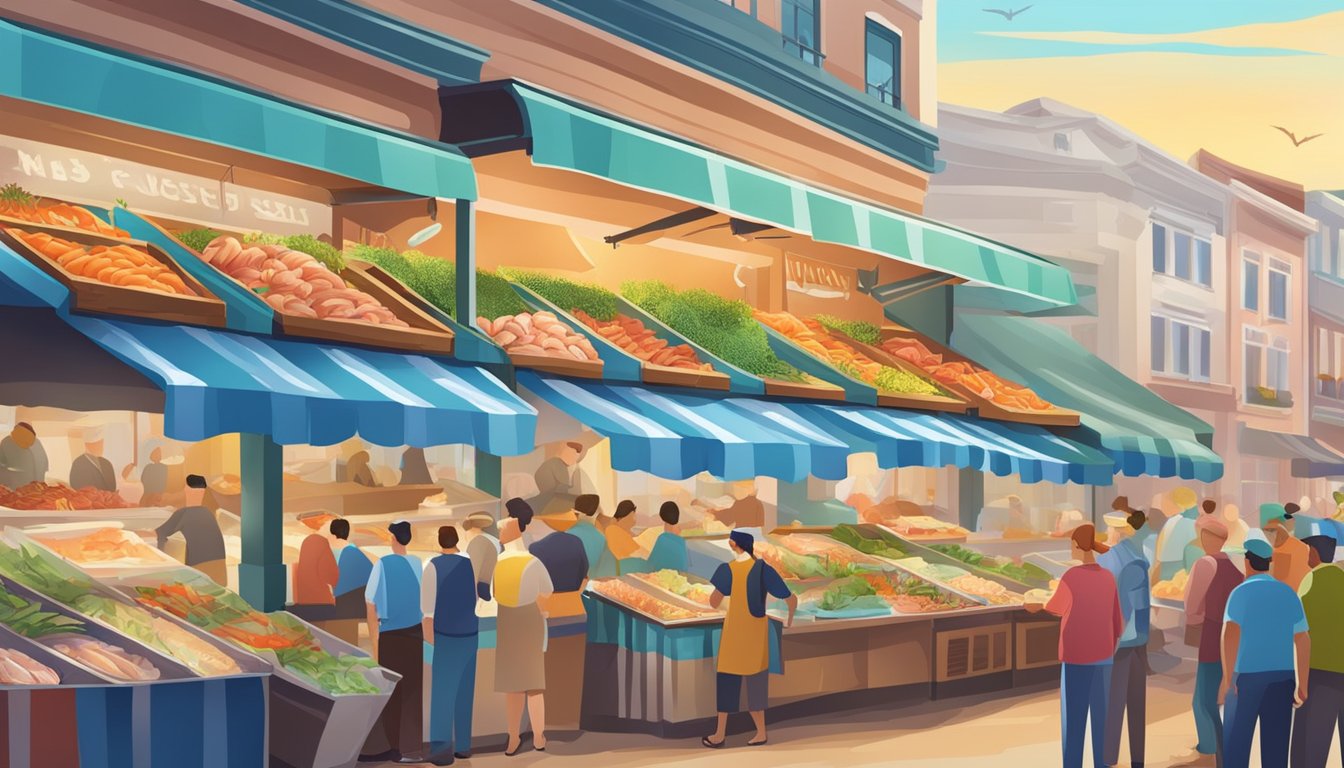 A bustling seafood market with fresh catches on display under a colorful awning