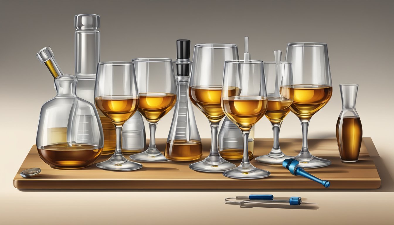 A table with multiple empty brandy glasses, a bottle, and a measuring tool