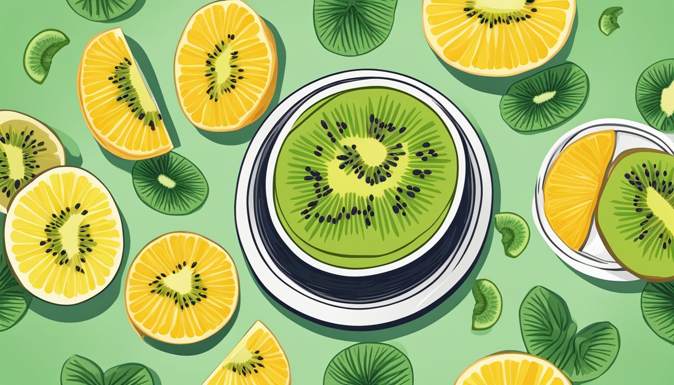 A bowl of kiwi slices arranged in a circular pattern with a vitamin C supplement bottle next to it