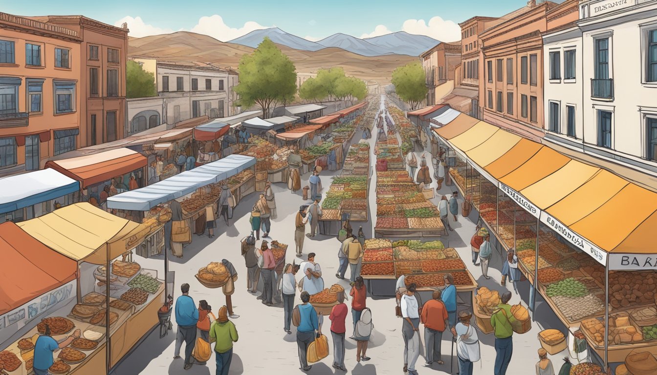 A bustling street market with colorful food stalls showcasing Nevada's famous dishes like Basque cuisine, Basque chorizo, and Basque sheepherder's bread