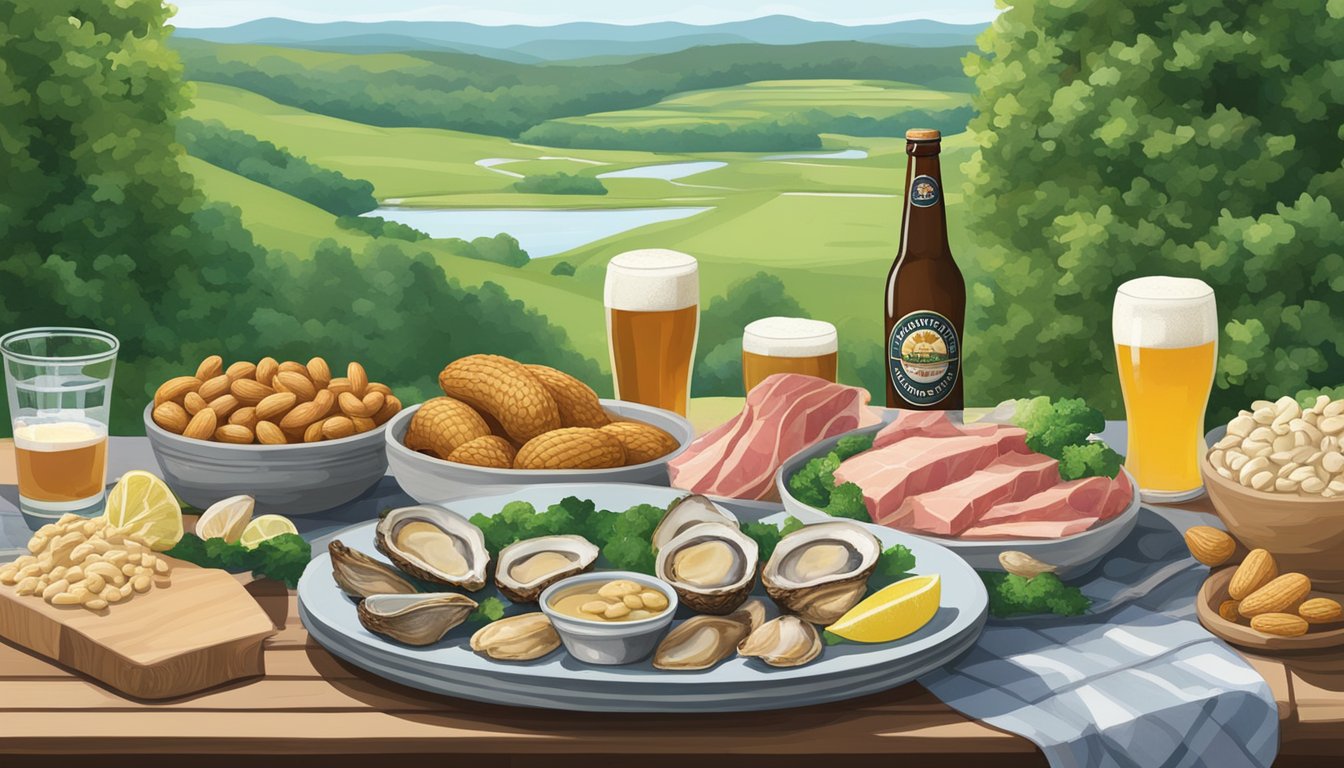 A table set with Virginia's famous foods and beverages, including peanuts, ham, oysters, and craft beer, surrounded by lush greenery and rolling hills