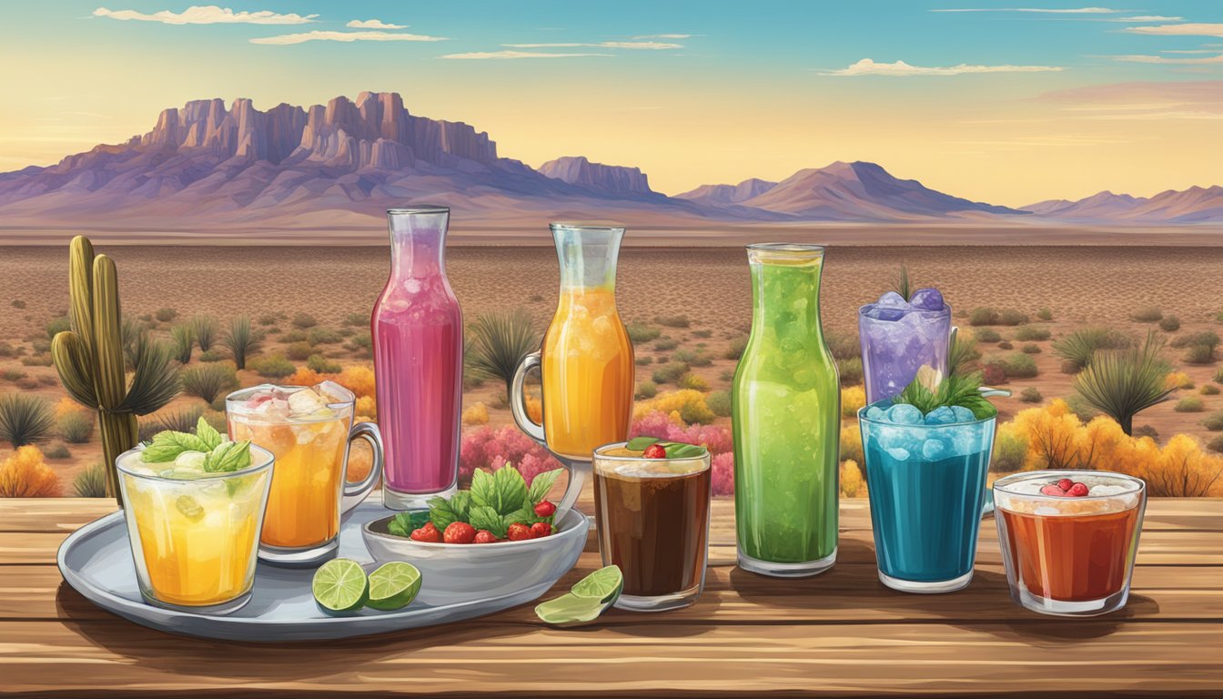 A colorful array of signature beverages and sides displayed on a rustic wooden table with the Nevada desert landscape in the background