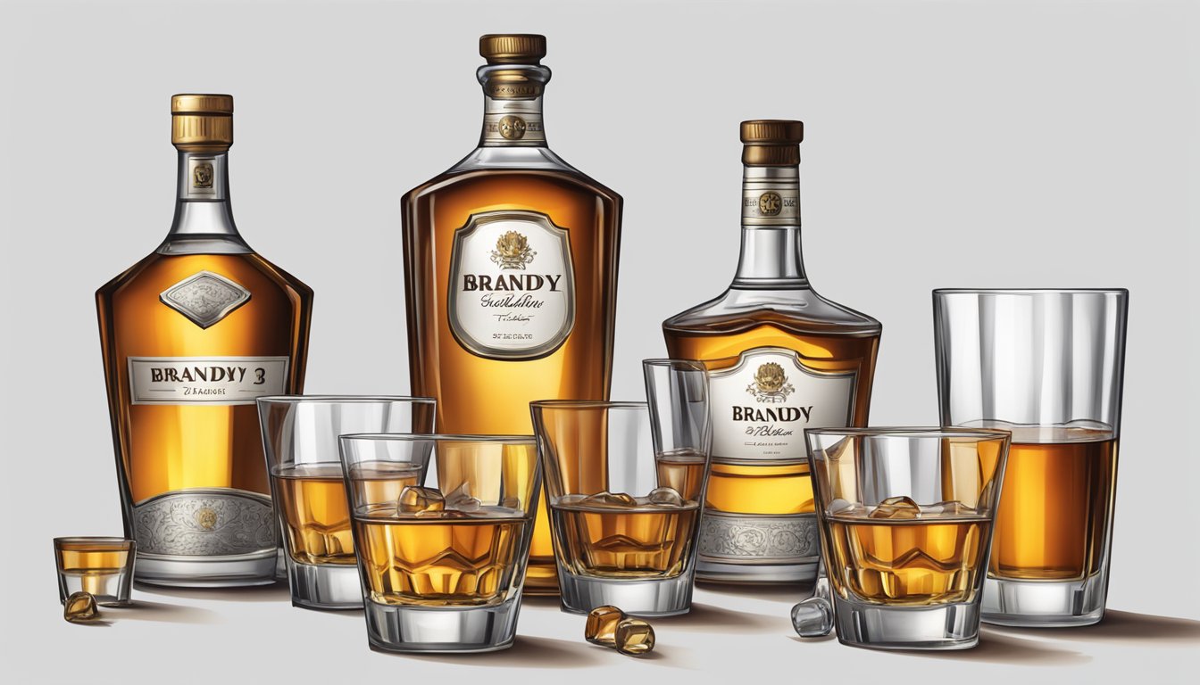 A bottle of brandy with multiple empty glasses scattered around it